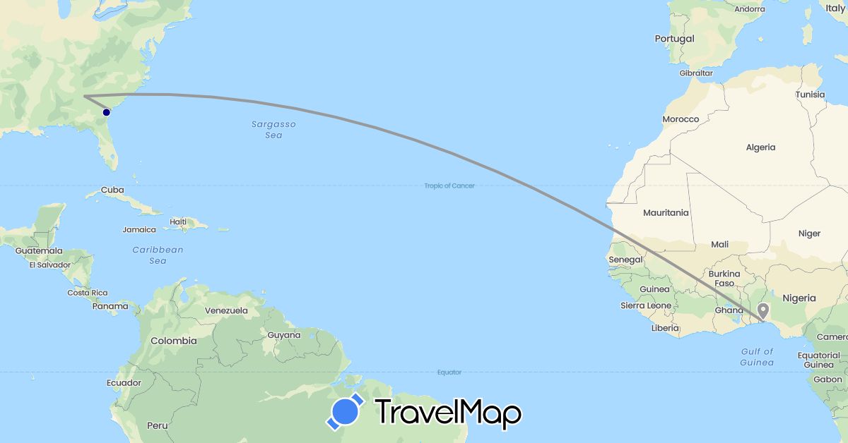 TravelMap itinerary: driving, plane in Nigeria, United States (Africa, North America)